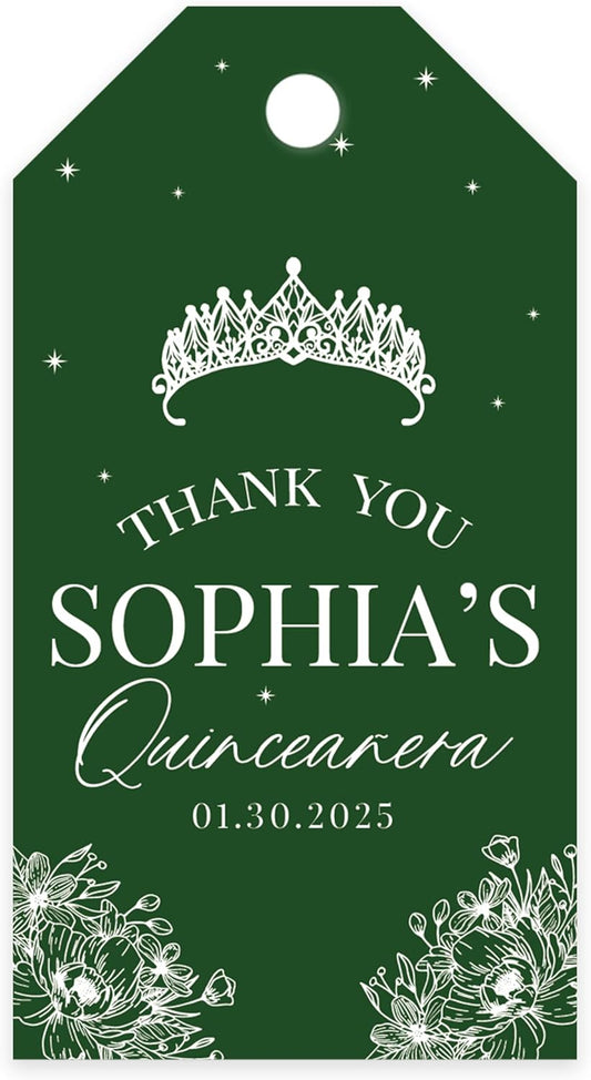 Andaz Press 40-Pack Personalized Quinceañera Favor Tags with String, Crown Floral Line Custom Classic Thank You Gift Tags for Quince Años XV 15th Birthday Favor Gifts Quinceanera Decorations