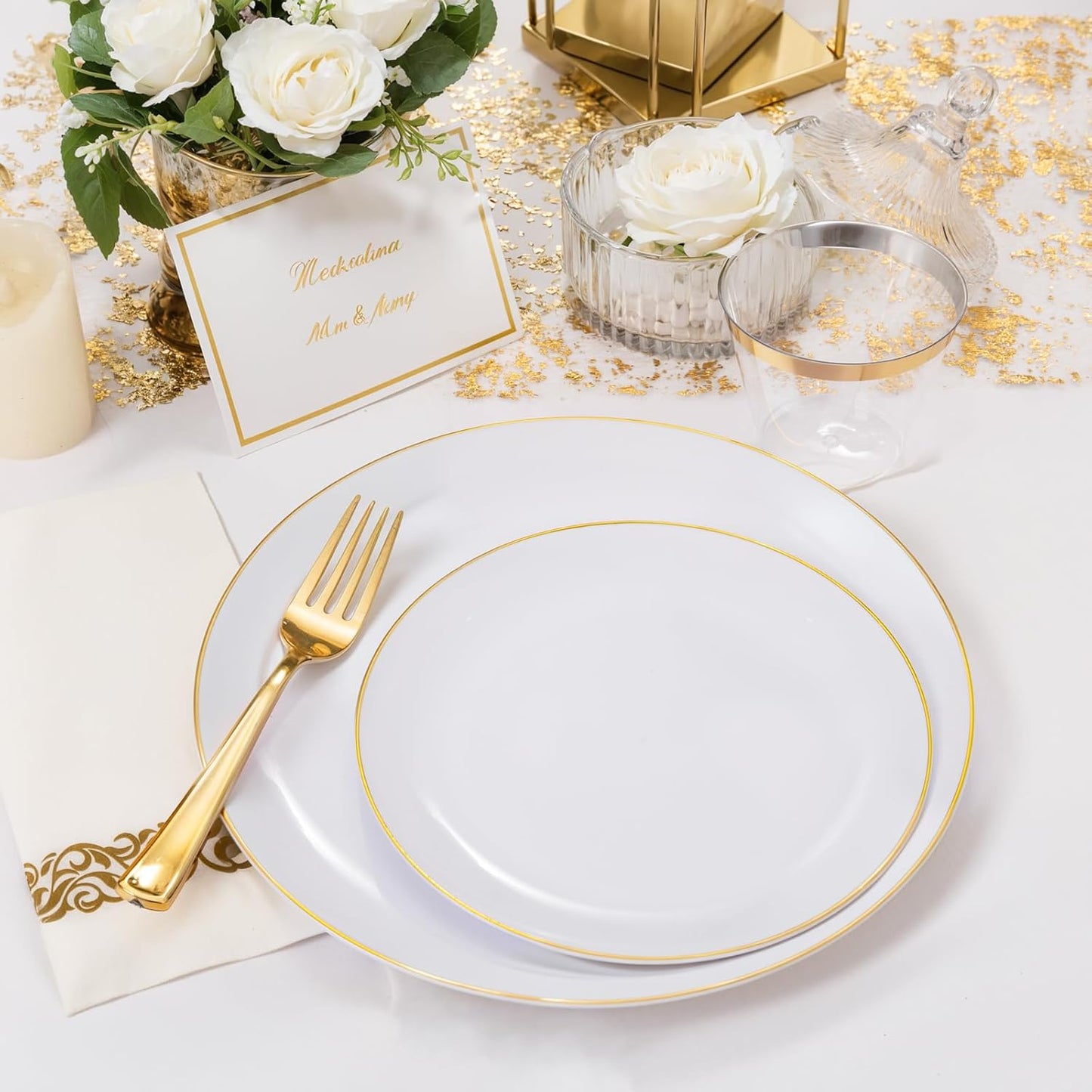 NOCCUR 350PCS Gold Disposable Dinnerware Set for 50 Guests - White and Gold Plastic Plates Include 50 Dinner/Dessert Plates, 150 Silverware and 50 Napkins/Cups Ideal for Fall Party&Thanksgiving
