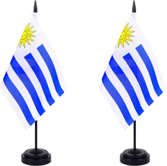 WXTWK 2 Pack Uruguay Flag Uruguay Deluxe Desk Flag Set - Mini Small Uruguayan Table Office Flags with Black 12" Solid Pole Stand Base Classroom Meeting Desktop Decorations