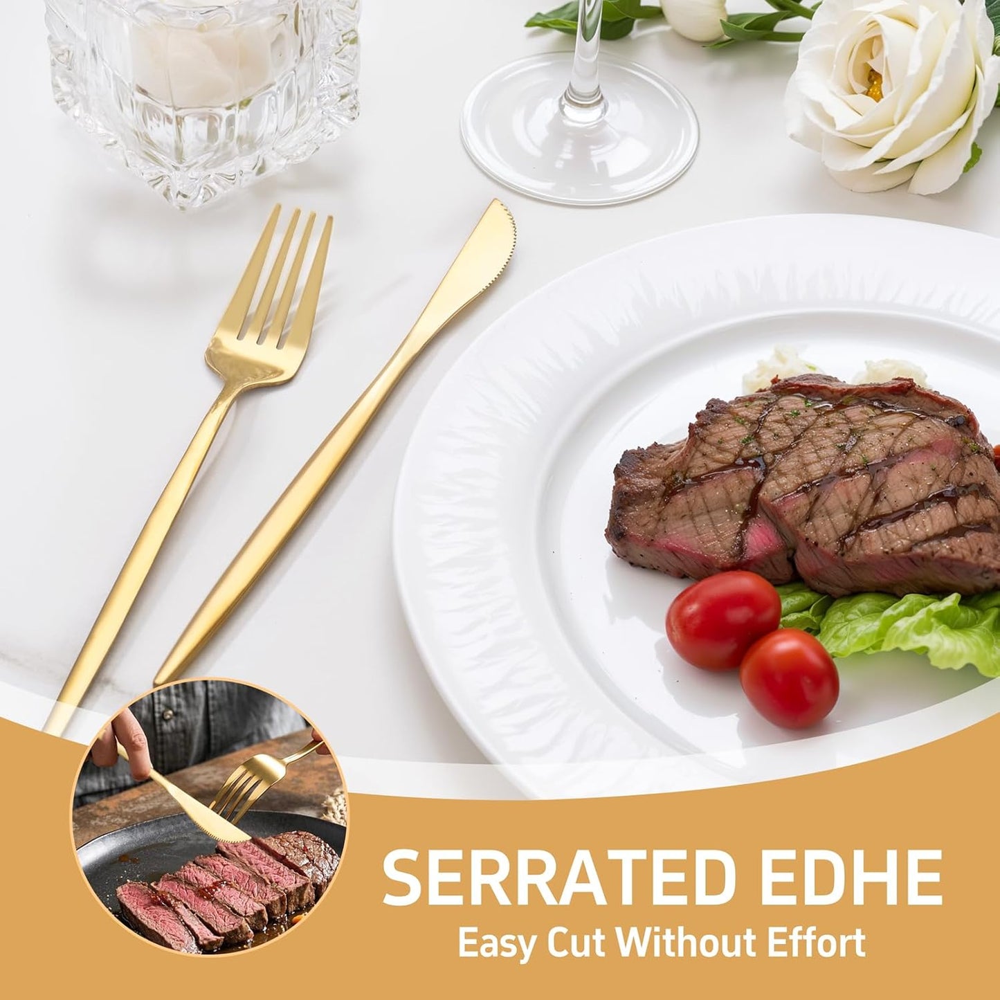 NOCCUR 40-Piece Gold Silverware Set for 8 - Stainless Steel Gold Flatware Set Include Knives, Spoons and Forks for Home/Party/Thanksgiving