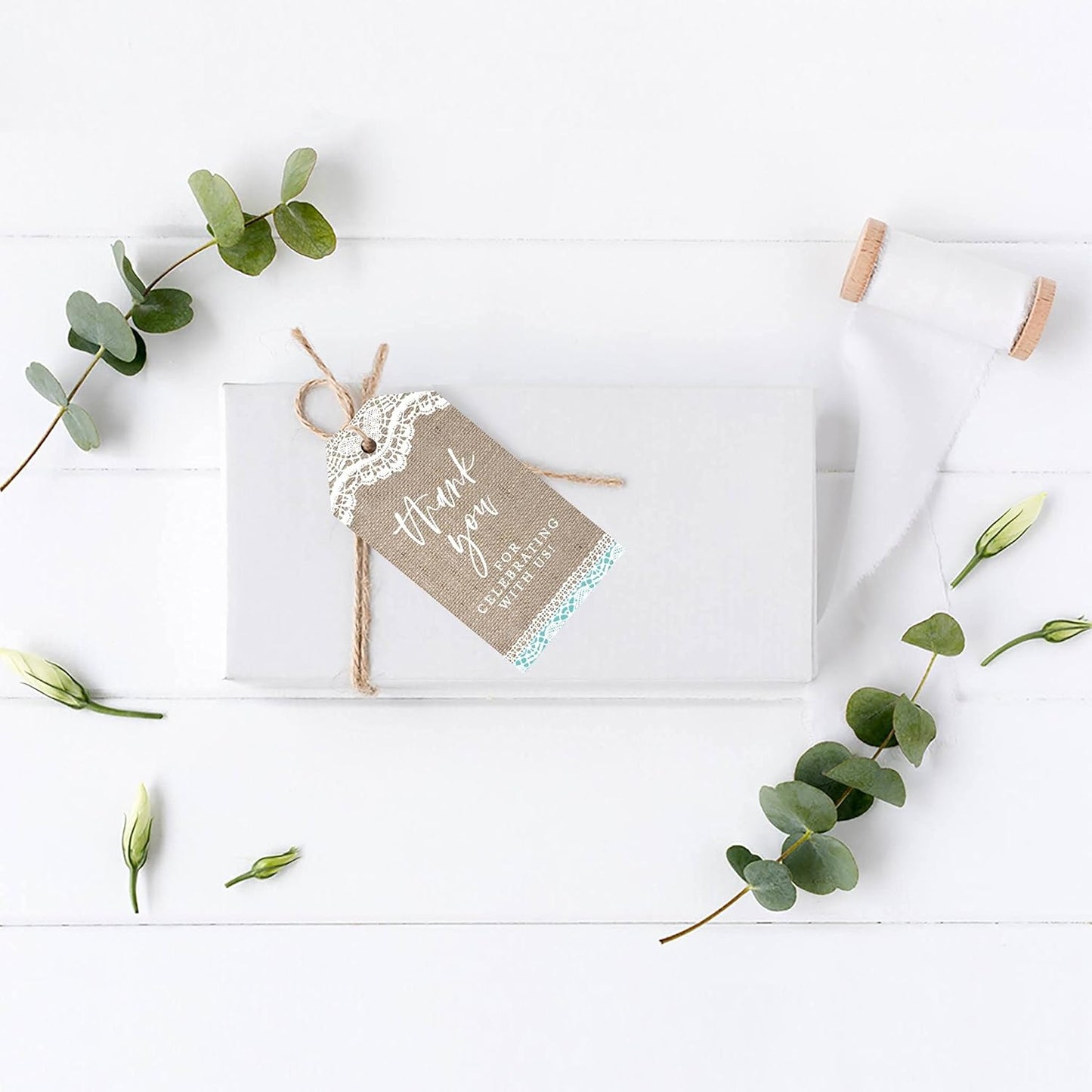 Andaz Press 100-Pack Thank You for Celebrating with Us Favor Tags Burlap Lace Cardstock Gift Tags with Bakers Twine for Wedding Baby Shower Bridal Shower Birthday Party Favors 2 x 3.75-Inches