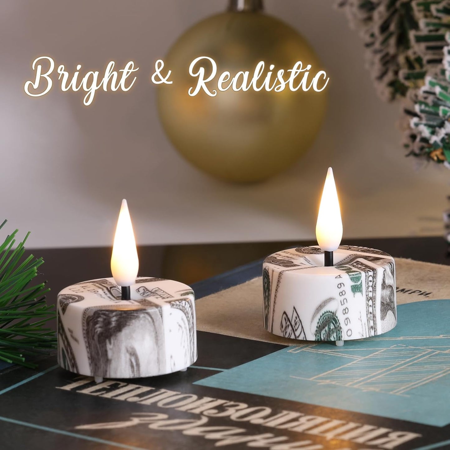 Eywamage Patriotic Flameless Tealights with Remote Batteries, Flickering US Dollar LED Tea Votive Candles Set of 12