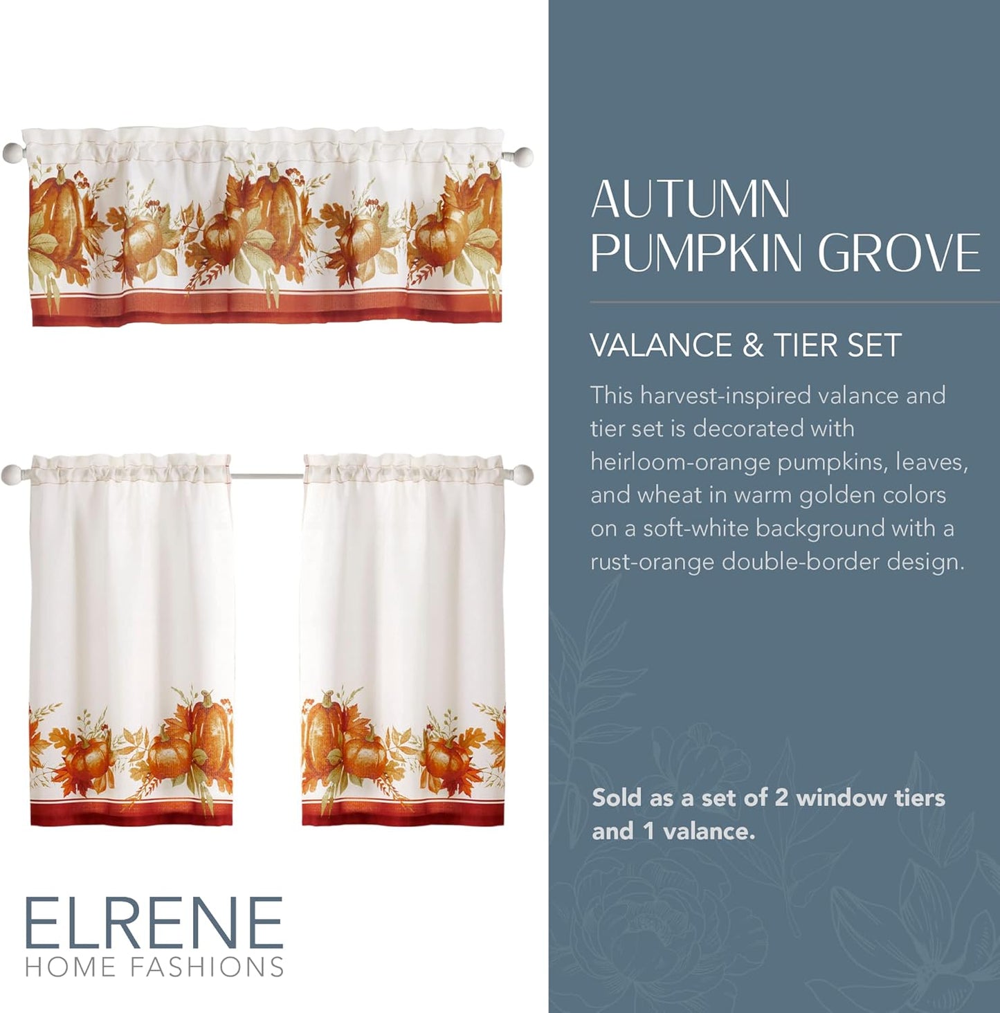 Elrene Home Fashions Autumn Pumpkin Grove Window Tier Set and Kitchen/Café Valance, 60"x36" (Set of 2 Tiers & Valance), Multi Color