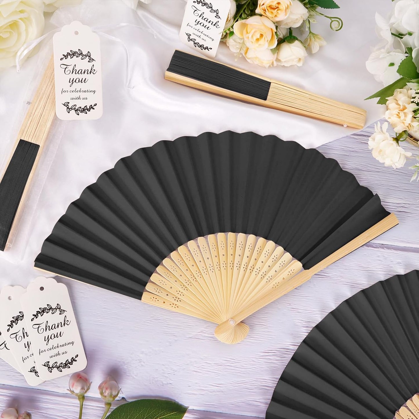 50Set Wedding Hand Fans Party Favors Black Paper Folding Handheld Fans Bulk, DIY Bamboo Fans with Thank Tag Organza Bag for Summer Guests Bridal Dancing Props Church Decoation