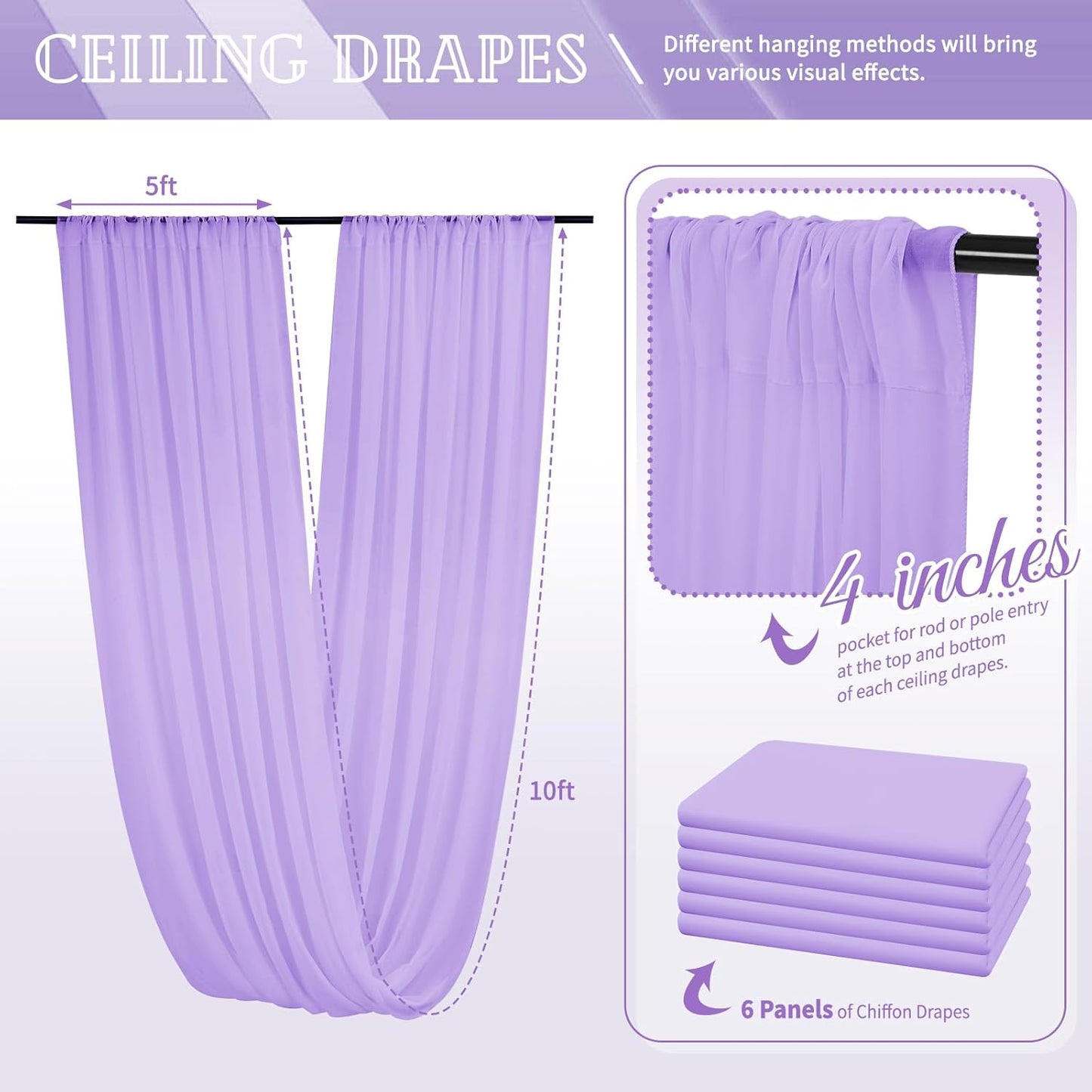 6 Panels Lavender Ceiling Drapes for Wedding 5ftx10ft Chiffon Fabric Arch Draping Curtains Sheer Drapery for Party Ceremony Birthday Baby Shower Reception Stage Swag Ceiling Decorations
