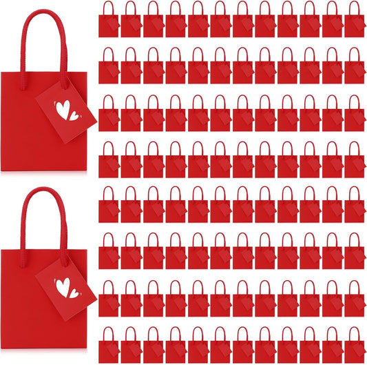 Sherr 100 Pack Mini Gift Bags Bulk, 4 x 2.75 x 4.5 Inches Paper Bags with Tags, Extra Small Paper Gift Boxes with Handles for Birthday, Party Favors, Weddings, Small Business(Red)