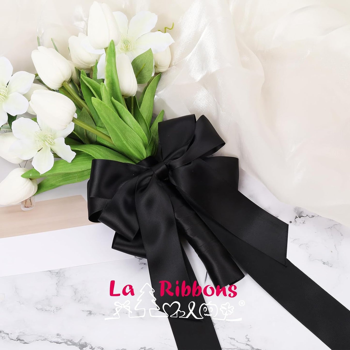 LaRibbons 1 1/2 Inch 25 Yard Double Faced Satin Ribbon,Black Satin Craft Fabric Ribbon for Gift Wrapping Floral Bouquets Wedding Party Decoration