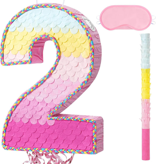 WERNNSAI Pink Sweet Two Pinata - Number 2 Pinata Happy Birthday Decoration Pink Rainbow Design Party Games for Girl Princess Baby Shower Party Favor with Blindfold Anniversary Celebration Supplies
