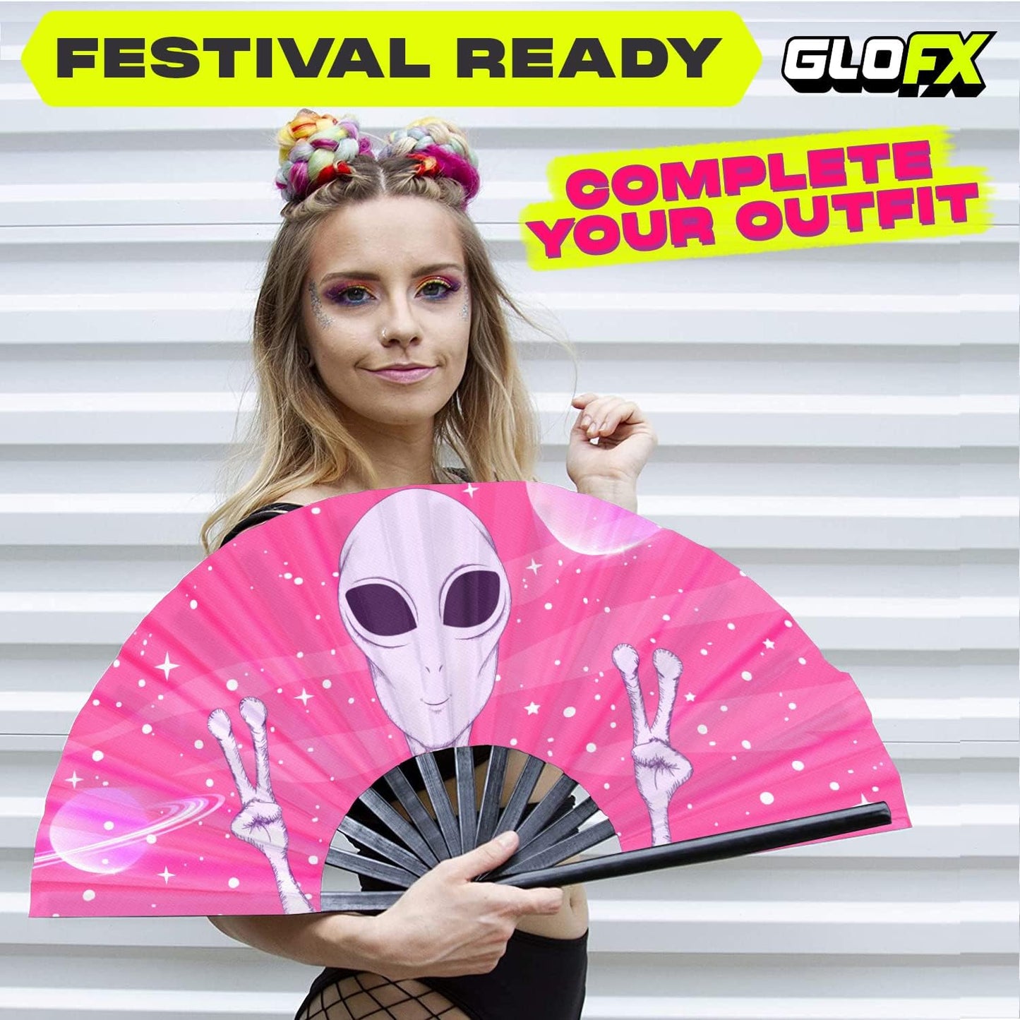 GloFX Rave Fan - Pink Alien - Large Folding Fan -Large Folding Fan for Rave Essentials, Festival Fans, and Alien Accessories - Hand Held Fan for Festival Outfits & EDM Vibes