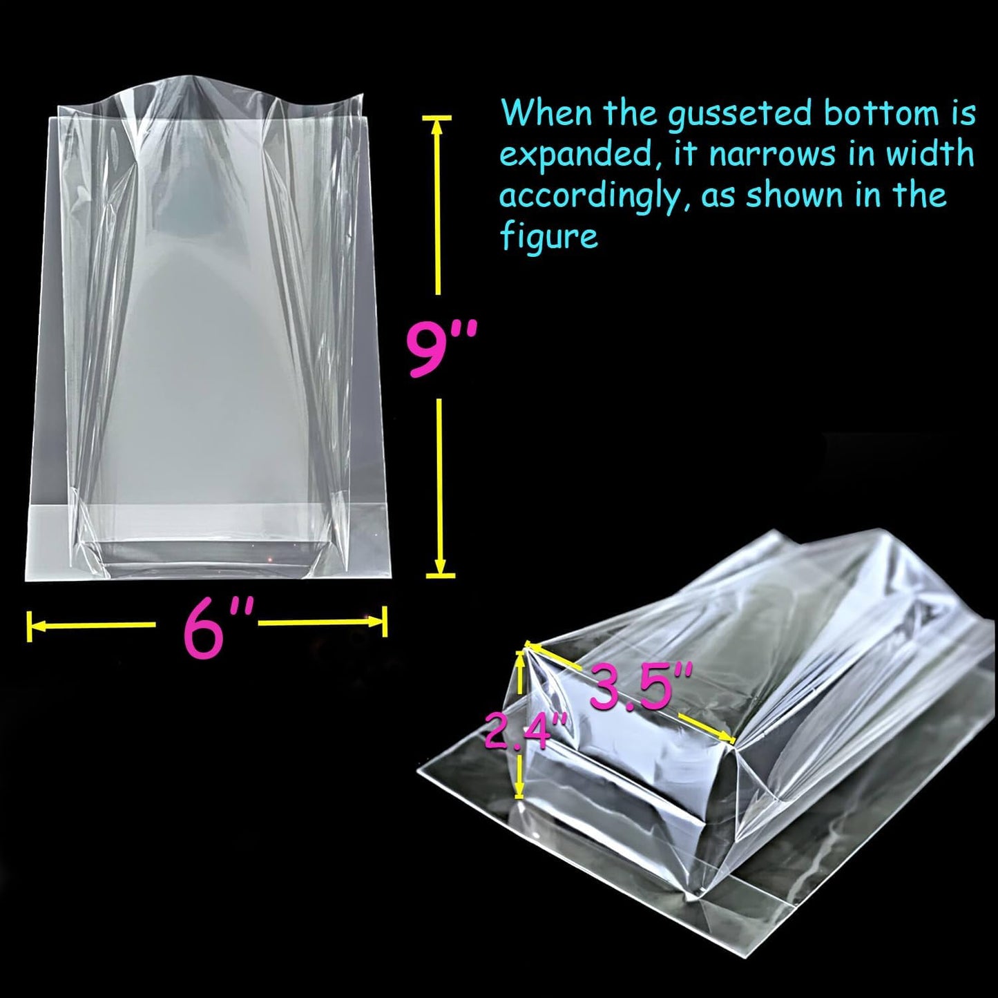 PigPotParty 6"x 9", 100Pcs Bottom Gusset Bags, Clear Plastic Cellophane Treat Goodie Bags with Ties for Party Favor, Candy, Cookie, Popcorn, Small Gift Wrapping (No Side Gusset)