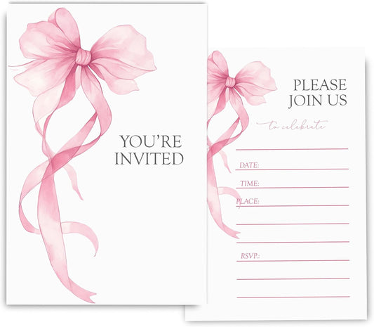 Pink Bow Birthday Invitations for Girls, Elegant Bow Birthday Party Invitaions for Girls Coquette Party Invites, 4x6 Inches, 30 Sets with Envelopes