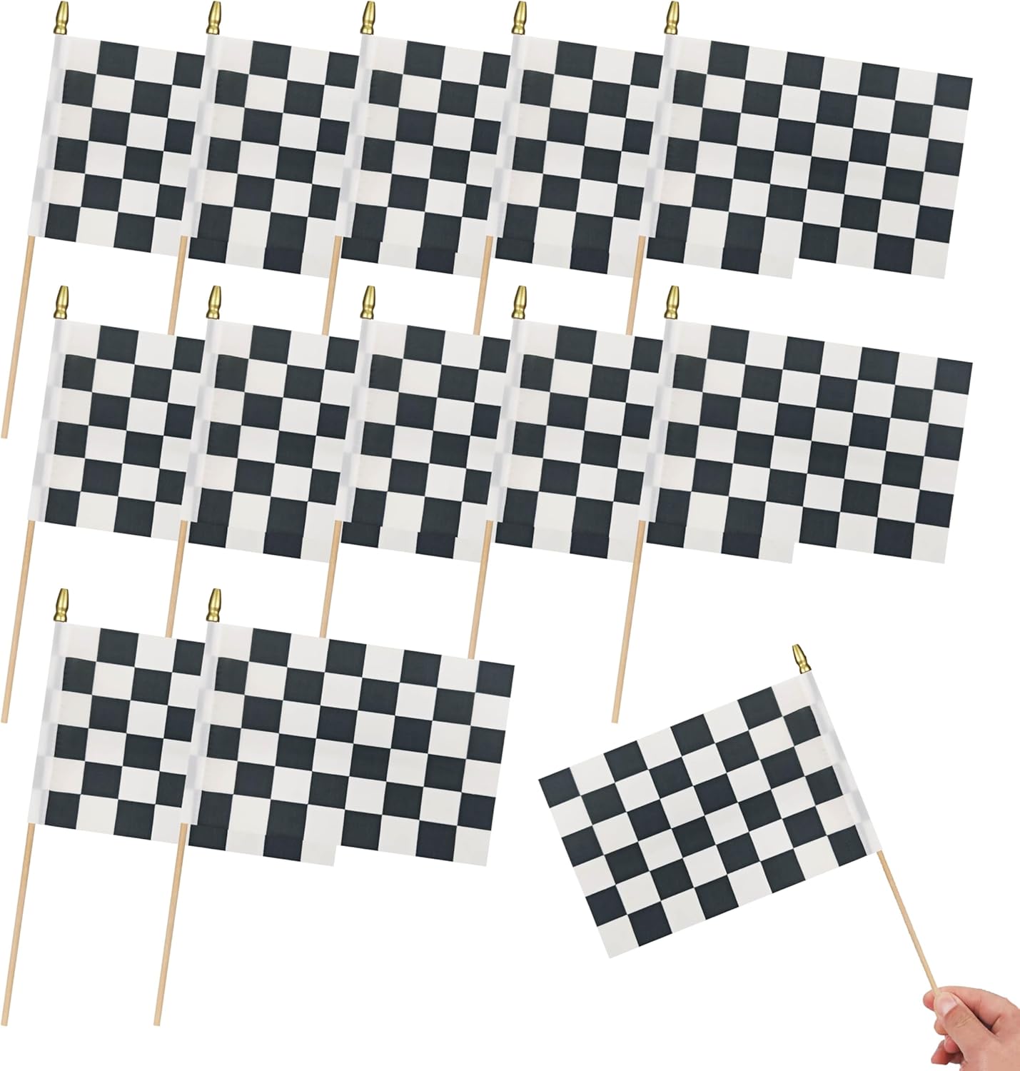 12Pcs Small Checkered Black and White Racing Flags on Wooden Stick Mini Race Car Flag Hand Held Flag Decorations,5x8 Inch