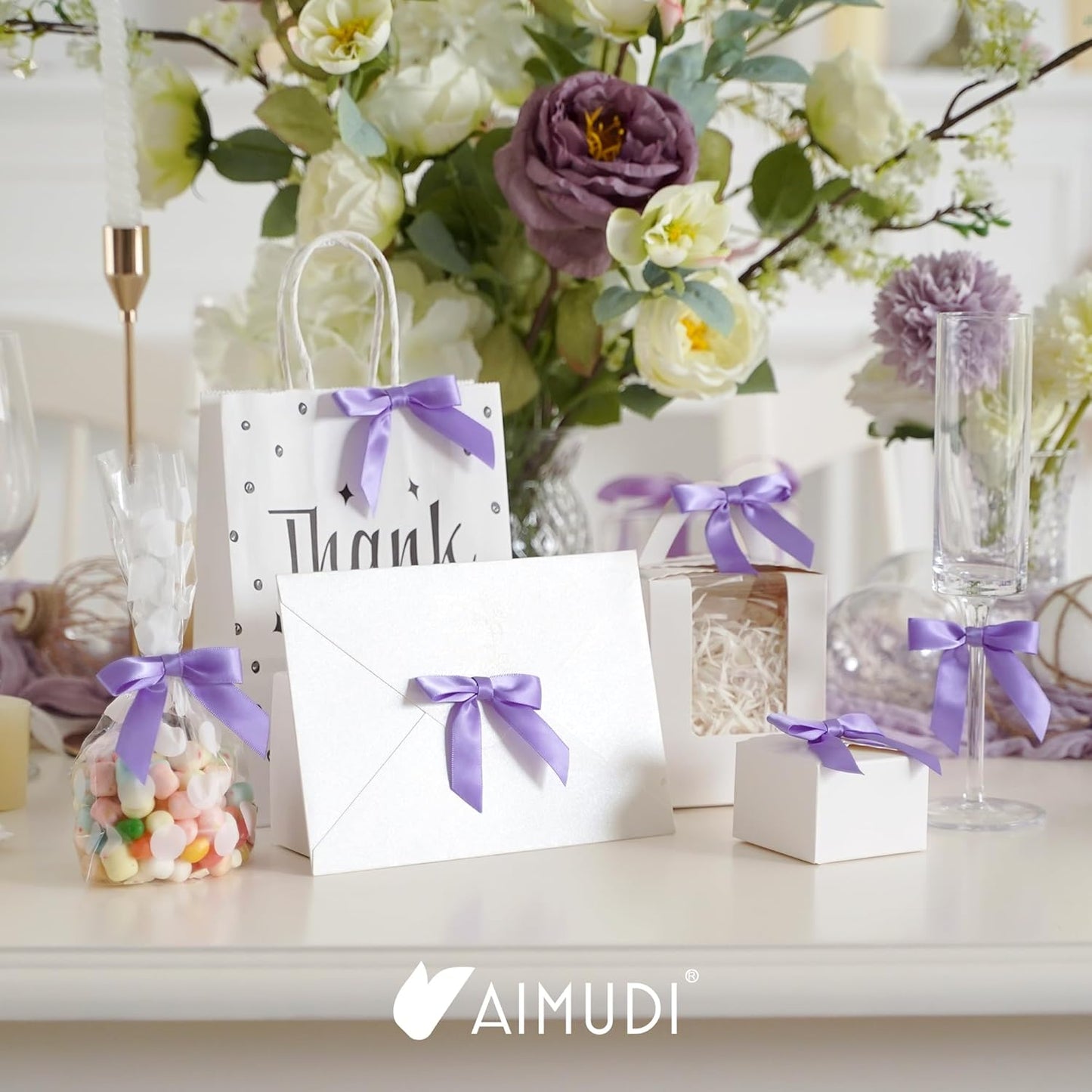 AIMUDI Lavender Satin Ribbon Twist Tie Bows 2.5" Purple Pretied Bows Premade Craft Bows for Treat Bags Cake Pop Gift Wrapping Basket Wedding Favors Cookie Candy Bagging Baby Shower - 50 Counts