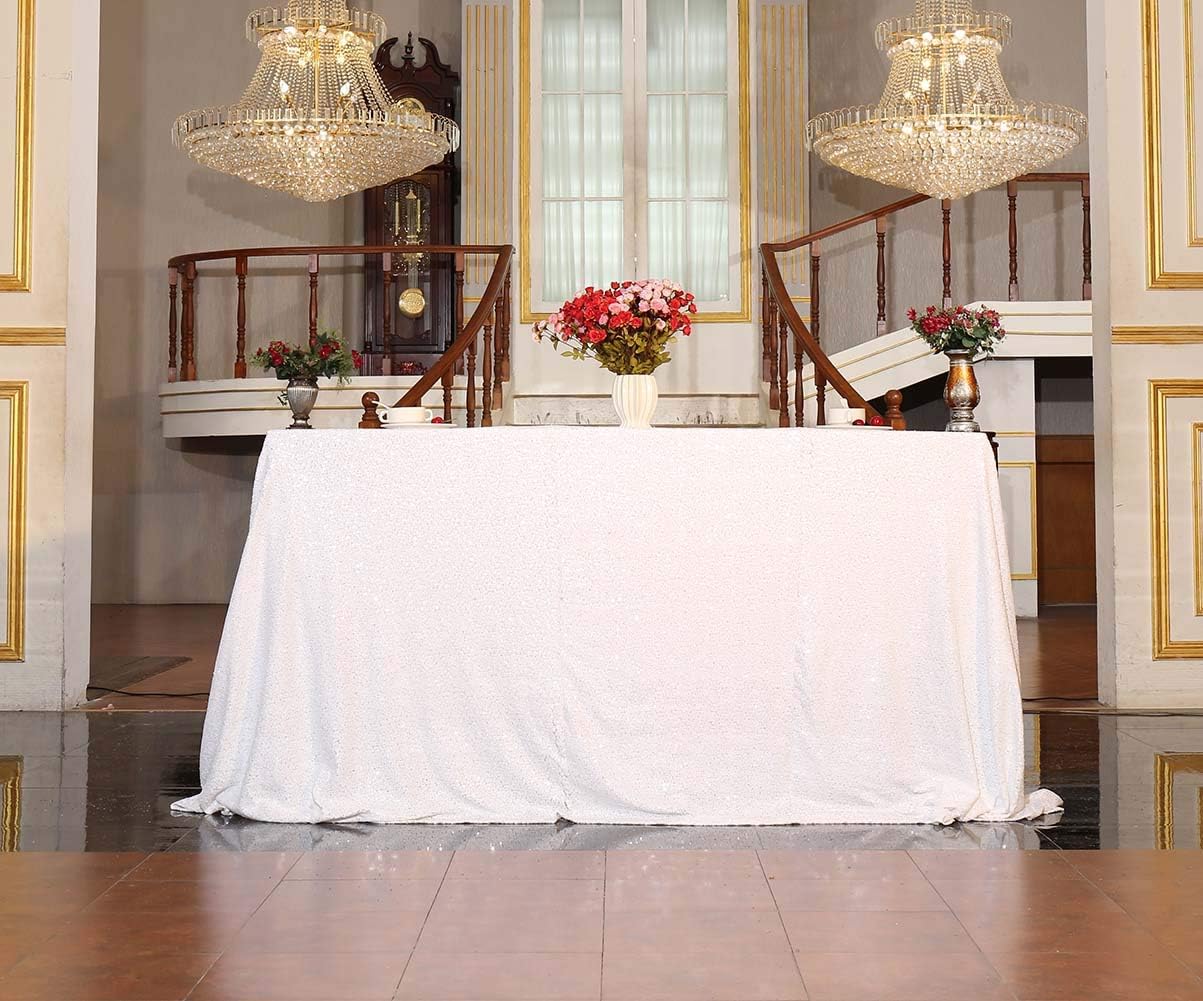 SquarePie Sequin Tablecloth 50 x 72 Inch White Sparkly Table Linen for Wedding Party