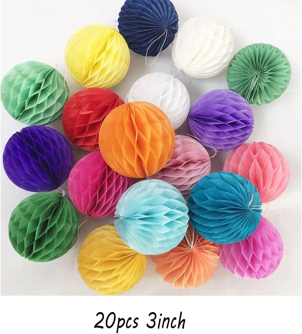 20pcs 3inch Honeycomb Decoration Paper Flower Balls Tissue Paper Pom Poms for Birthday Wedding Home Decor (3inch, Multi-Color)