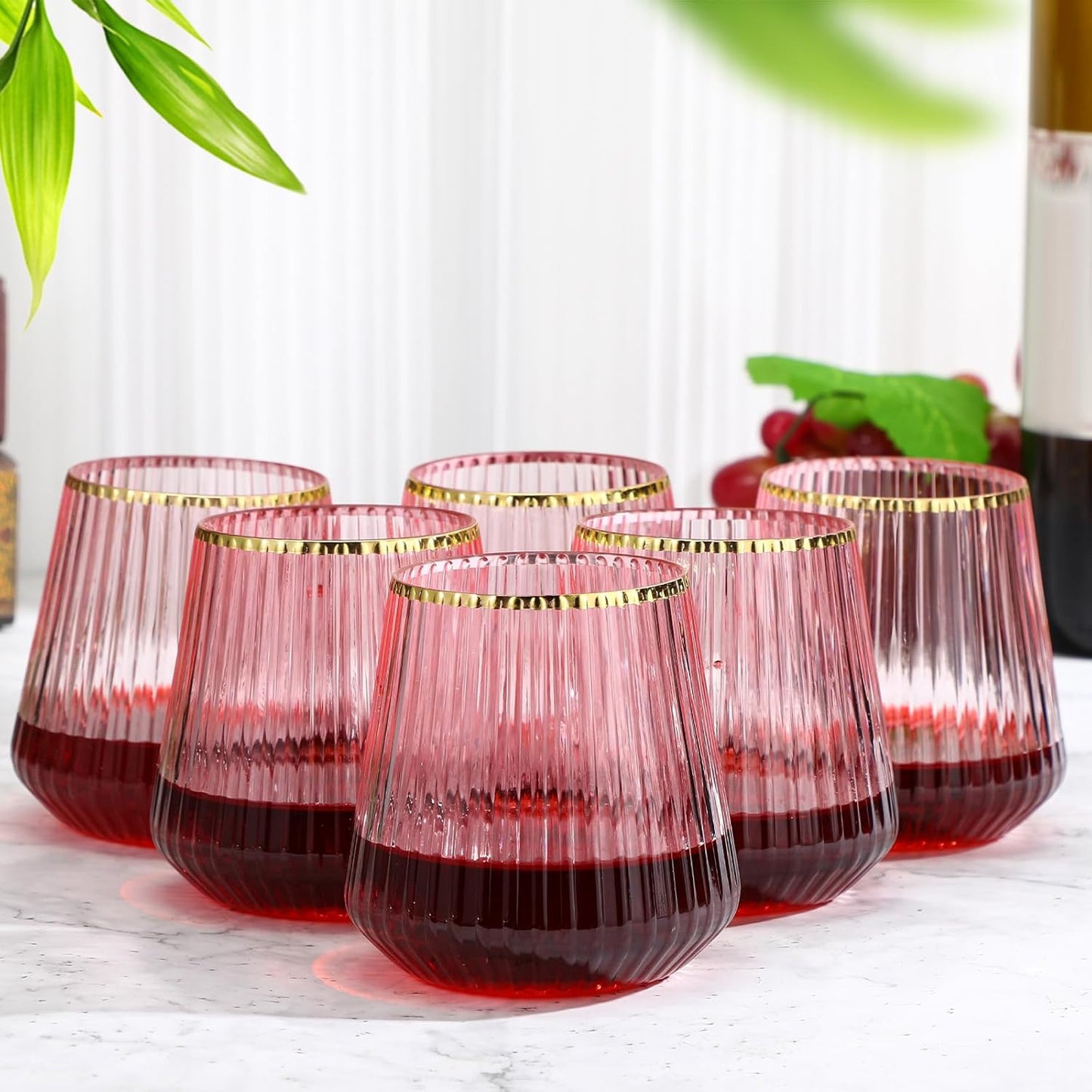 24 Pcs Pink Plastic Wine Glasses Ribbed Disposable Wine Glasses Unbreakable Stemless Champagne Whiskey Cups Ribbed Cocktail Plastic Cups for Wedding Home Office Bar (12 oz,Gold rim)