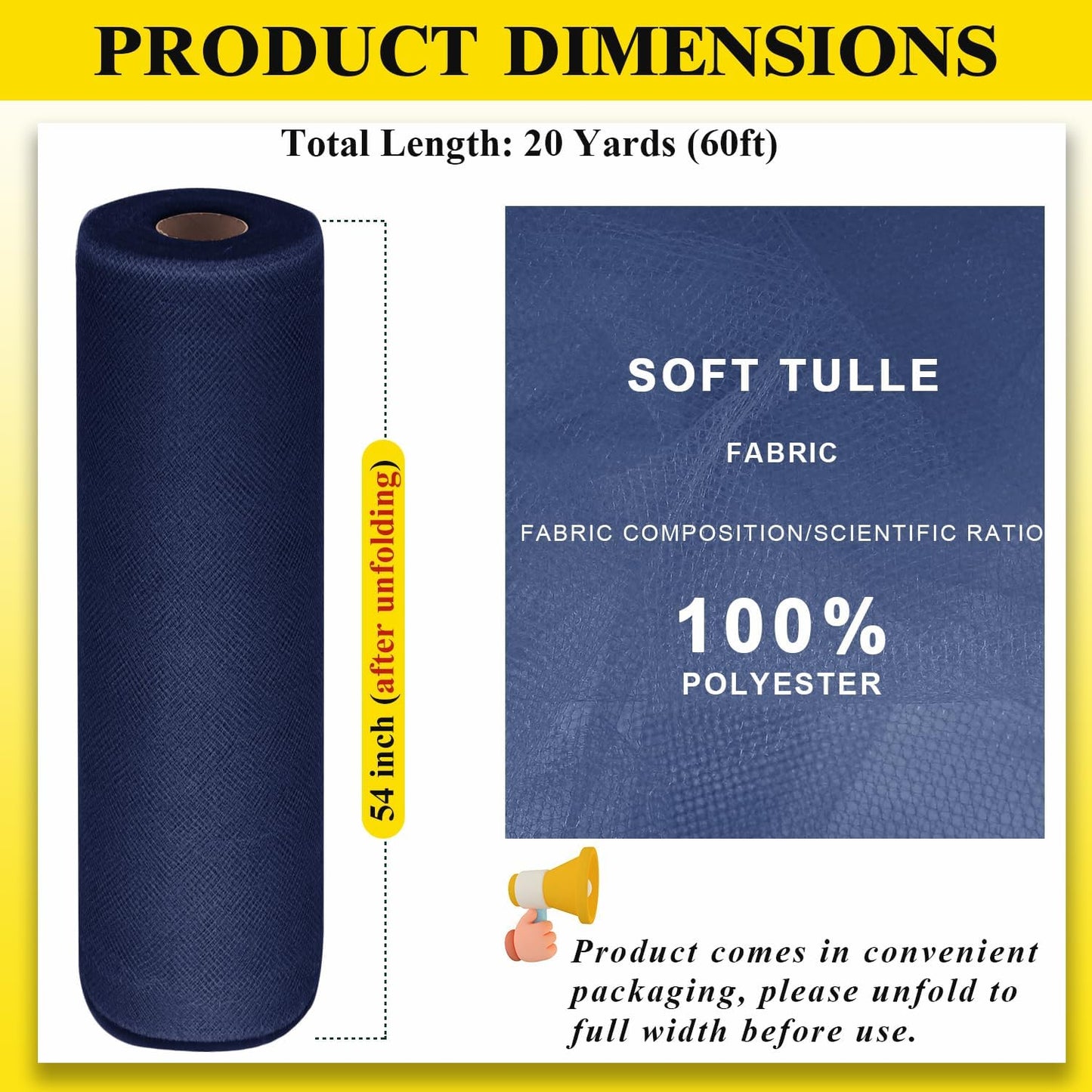 54" x 20 Yards Navy Blue Tulle Fabric Rolls - Tutu Spool Bolt for DIY Wedding Decoration, Baby Shower Tutu Skirt, Gift Wrapping - Large Matte Tulle, Roll Packaging