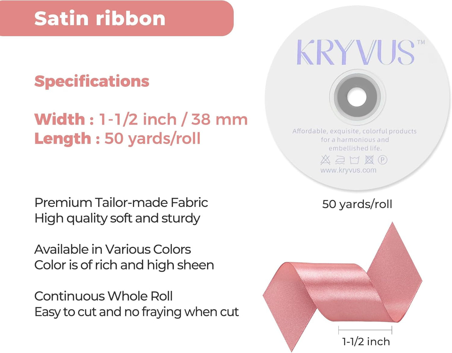Rose Gold Satin Ribbon 1-1/2 inch X Continuous 50 Yards, Single Face Polyester Ribbon Perfect for Gift Wrapping, Flower Bouquet, Wedding Decor, Crafts, Bow Making, Sewing and More