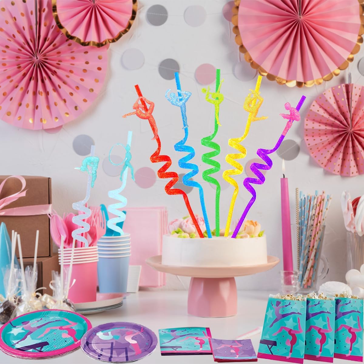 24 Reusable Gymnastics Party Glitter Straws,Cartoon Dance Aerobics Decoration Glitter Straws For Gymnastics Disco Party Favors With 2 Brushes 8Color