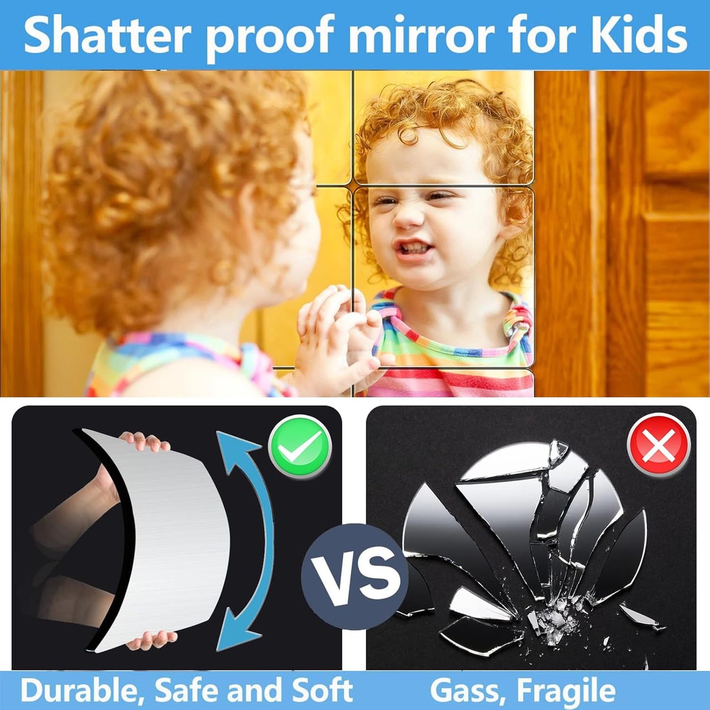 Unbreakable Acylic Small Mirror Tiles for Kids, (4-Pcs 10x10 Inch) Plastic Mirrors for Wall, Stick on Mirrors for Wall Decor, Shatterproof Mirror for Kids Bedroom