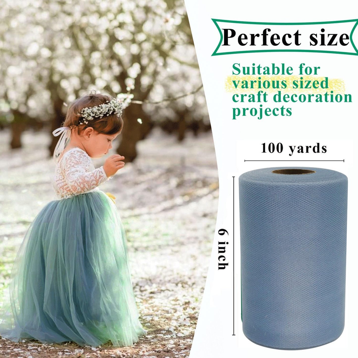 Dusty Blue Tulle Fabric Rolls 6 Inch by 100 Yards (300 feet) Fabric Spool Tulle Ribbon for DIY Tutu Bow Baby Shower Birthday Party Wedding Decorations Christmas Craft Supplies