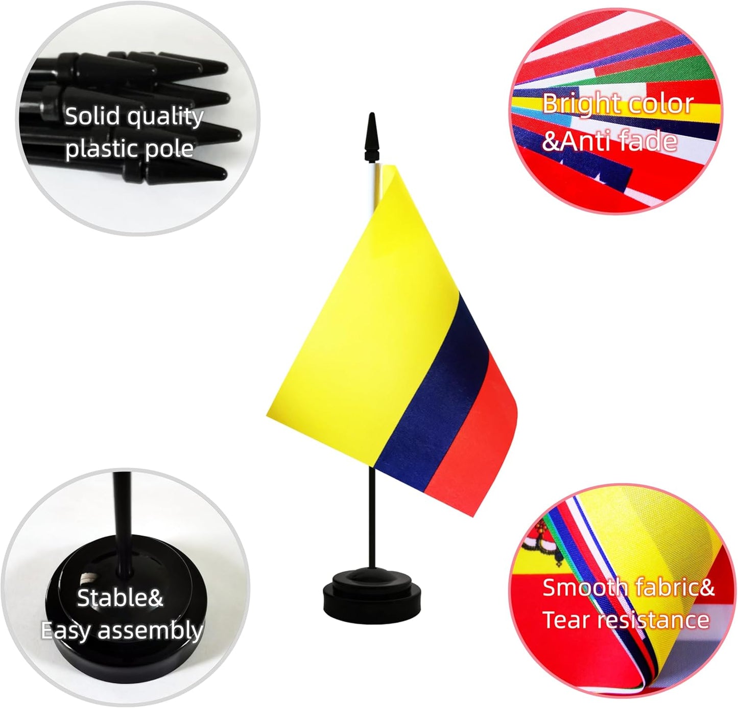 2 Pack Colombia Desk Flag, Colombian Table Office Flag with Solid Pole and Stand Base, International Country Flag, Festival Celebration, Classroom Meeting Desktop Decoration (Colombia)