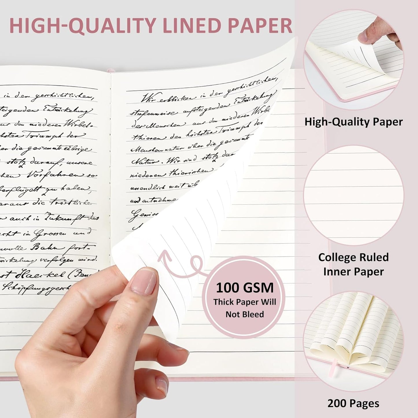 Lined Journal Notebook for Women Men, 200 Pages A5 Hardcover Leather Journals 5.7” x 8.3”, A5 College Ruled Notebooks with 100 GSM Thick Paper for Writing,Travel,School,Office,Work,Business（Pink）