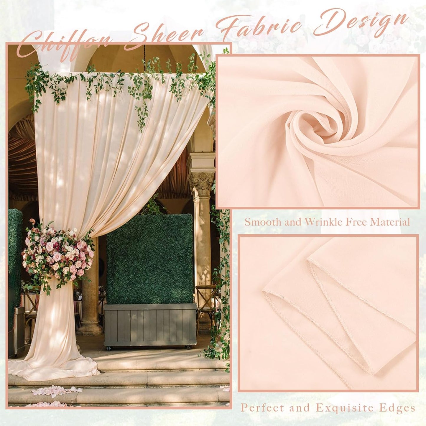 2 Panels 20Ft Length x 28" Width Light Peach Wedding Arch Draping Fabric Arch Drapes Chiffon Fabric Sheer Curtains Backdrop for Party Bridal Decorations Wedding Ceremony Ceiling Stage Reception Decor