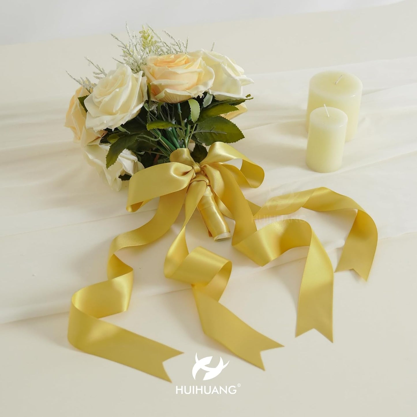 HUIHUANG 1.5 inch Wide Satin Ribbon 50 Yards Gold Double Face Polyester Silk Satin Ribbon for Gift Wrapping Hair Bows Making Floral Bouquet Wedding Invitation Decor Party Favor and Craft Supplies