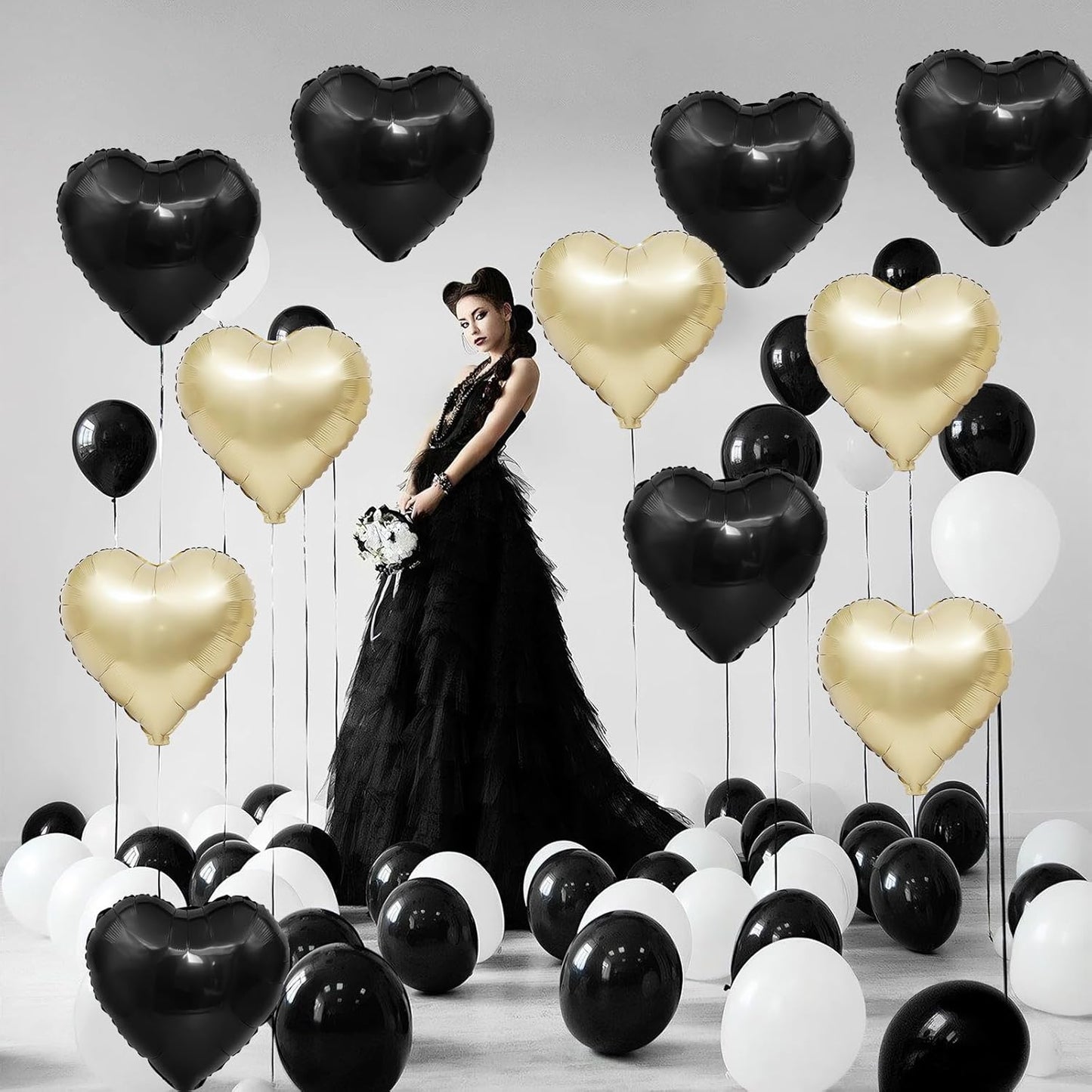Black Gold Heart Balloons,12Pcs 18Inch Black Champagne Gold Heart Shaped Foil Helium Balloons for Baby Shower Birthday Anniversary Wedding Engagement Party Decorations