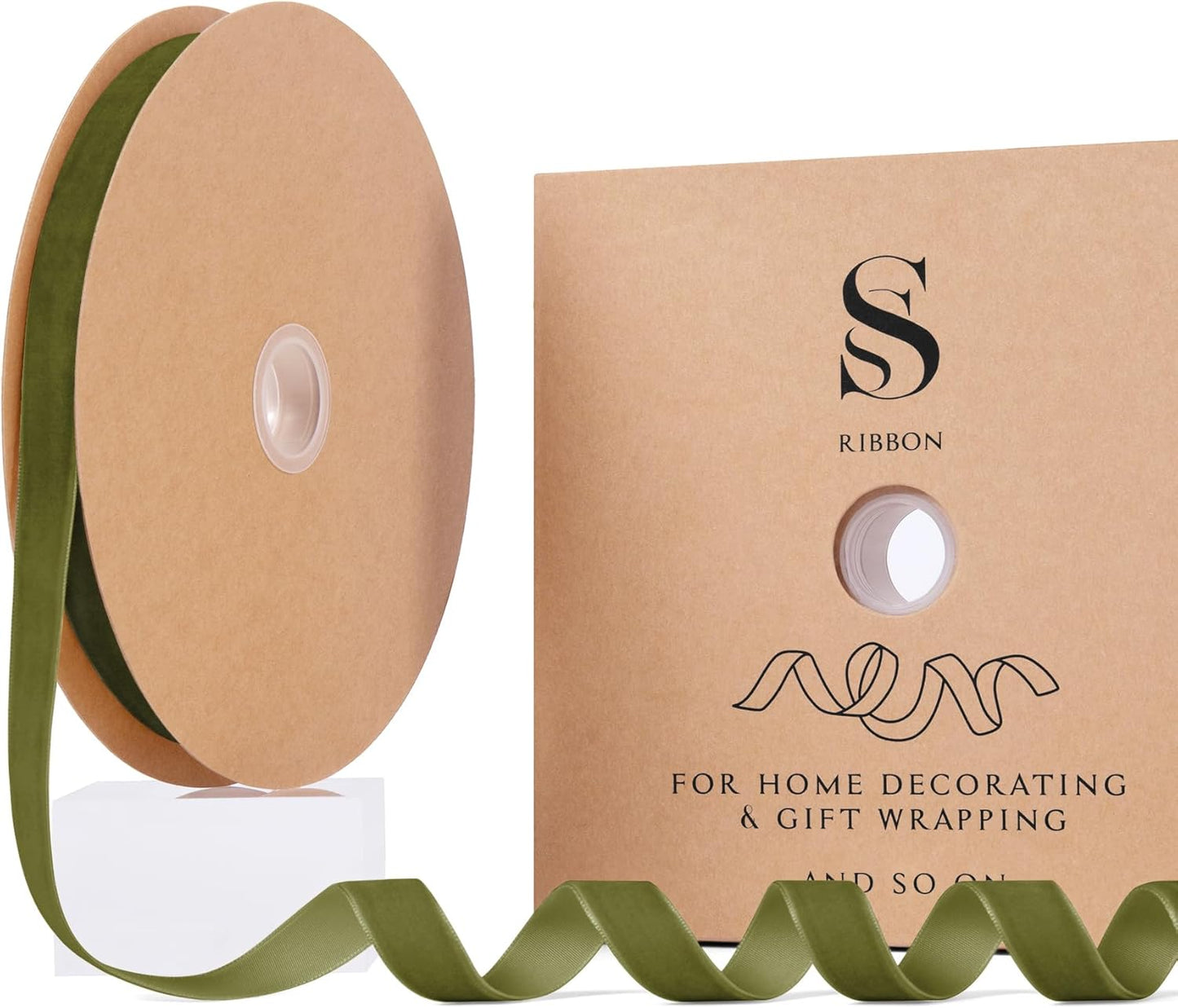 Olive Green Christmas Velvet Ribbon for Tree, Gift Wrapping, Flower Bouquet, Wreath Decorations, Bow Making 5/8'', 25 Yards