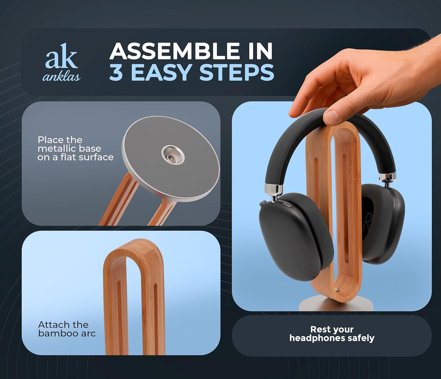 Headphone Stand for Desk – Premium & Minimalist Headset Holder with Round or Oval Base for Gaming, Office & Home (Bamboo, Oval)