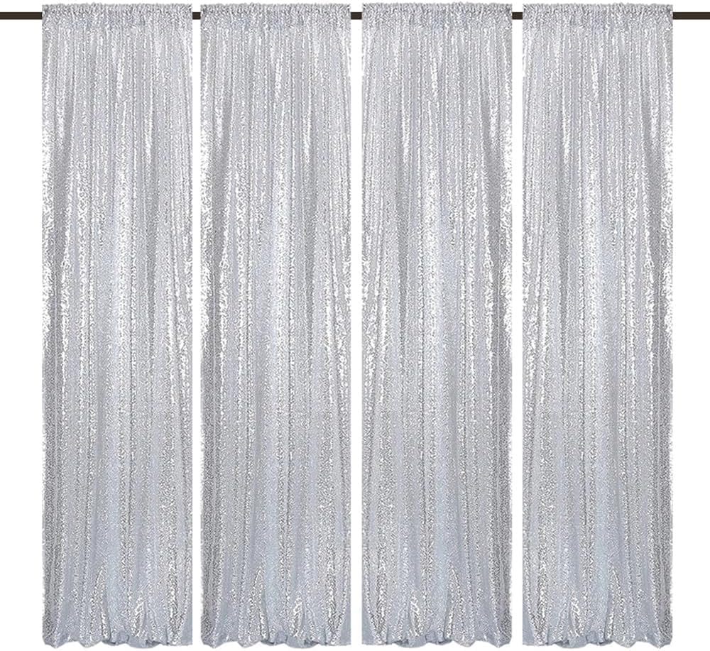 Silver Sequin Backdrop Curtains 4 Panels 2FTx8FT Wedding Photo Backdrop Glitter Birthday Bridal Party Curtains Sparkle Background Drapes Parties Decor Curtains