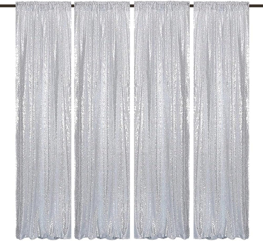 Silver Sequin Backdrop Curtains 4 Panels 2FTx8FT Wedding Photo Backdrop Glitter Birthday Bridal Party Curtains Sparkle Background Drapes Parties Decor Curtains