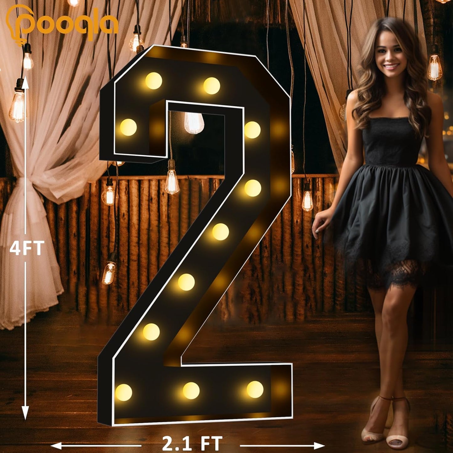 Pooqla 4 FT Light Up Marquee Numbers, Black Big Mosaic Numbers 4 Feet Tall for 2nd 12th 21st Birthday, Giant Marquee Number Lights for Balloons Party Anniversary Wedding Decorations, Warm White 2