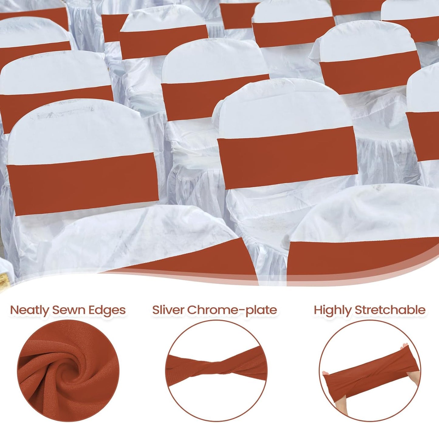 Kinlop 50 Pcs Spandex Chair Sashes Bows Chair Bands Slider Sashes for Covers Elastic Bands Ties Without Buckle Decorations for Wedding Party Events Ceremony Birthday(Terracotta)