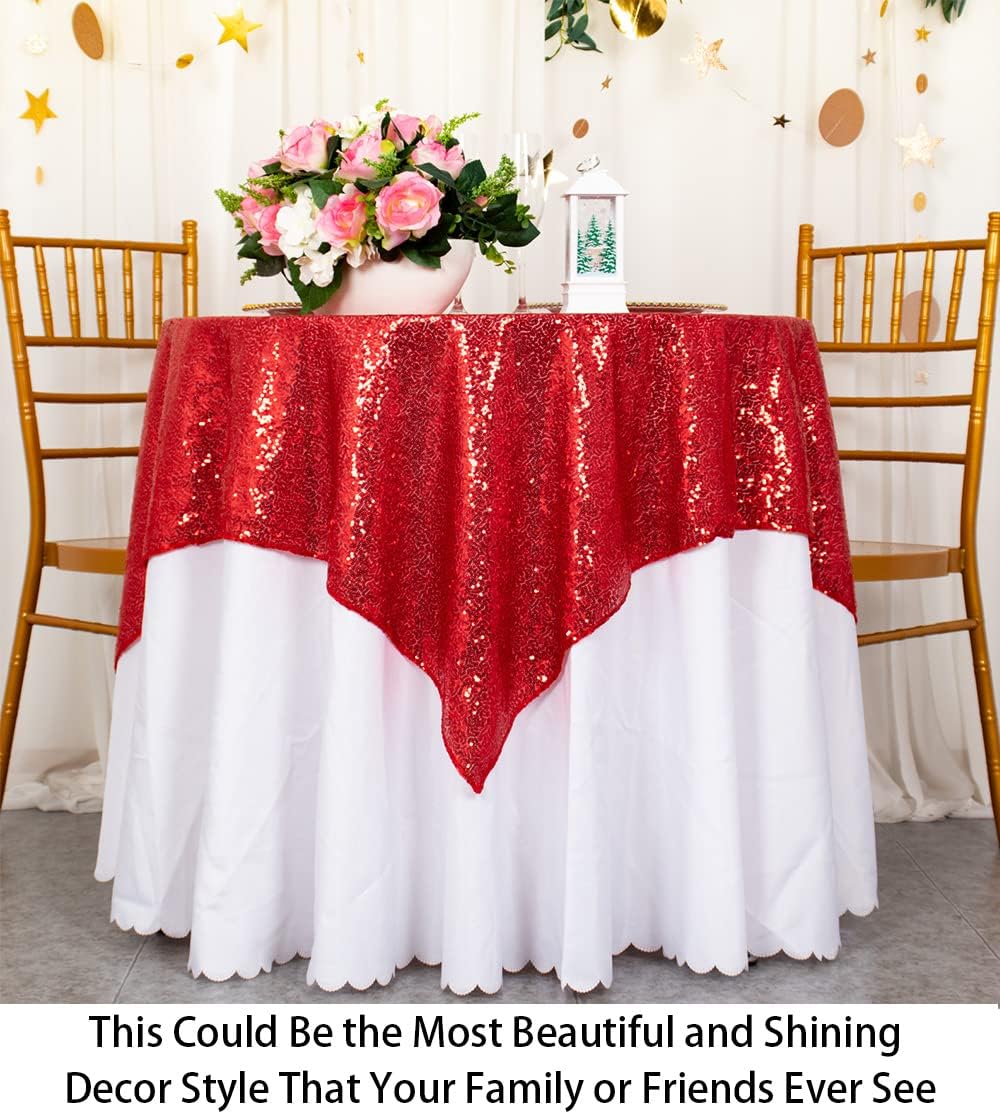 ShinyBeauty Sequin Tablecloth Square 54x54-Inch Red Table Cloths for Round Table Red Sequins Fabric Overlay Glitter TableCloths Linen for Party Small Cover for Wedding Reception
