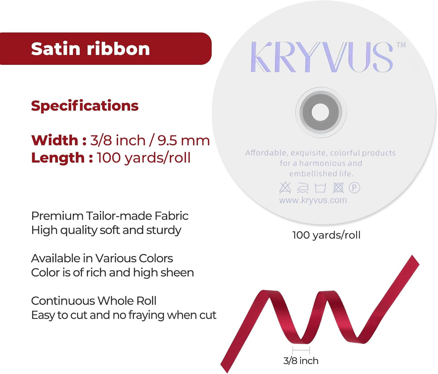 Scarlet Red Satin Ribbon 3/8 inch X Continuous 100 Yards, Single Face Polyester Ribbon Perfect for Gift Wrapping, Flower Bouquet, Wedding Decor, Crafts, Bow Making, Sewing and More