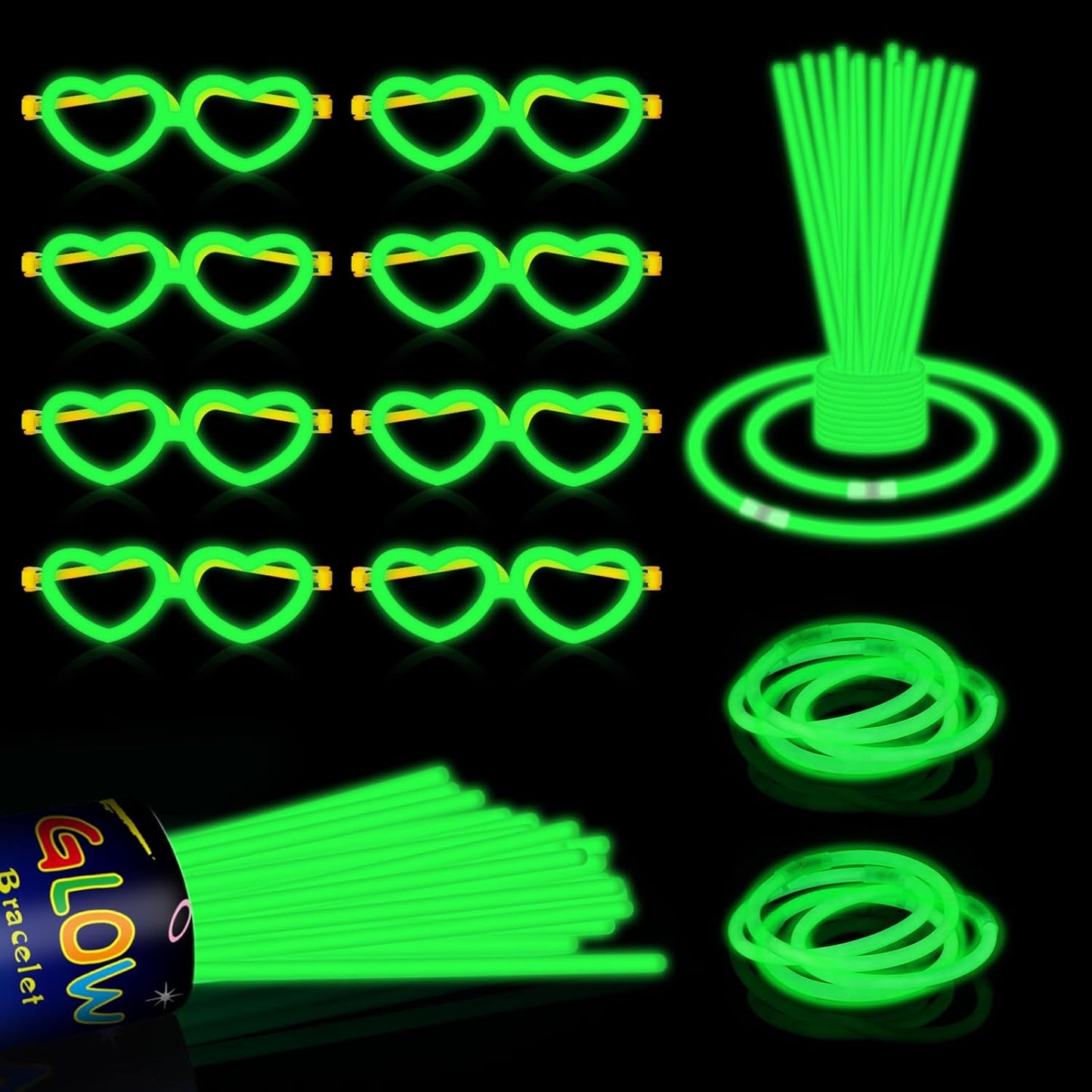 60 Pack 8” Green Glow Sticks Bulk Bright Glow Sticks with 60 Connectors 20 Heart Glasses Glow In The Dark Party Supplies Neon Party Decorations Glow Bracelet Glasses for Carnival (Green)