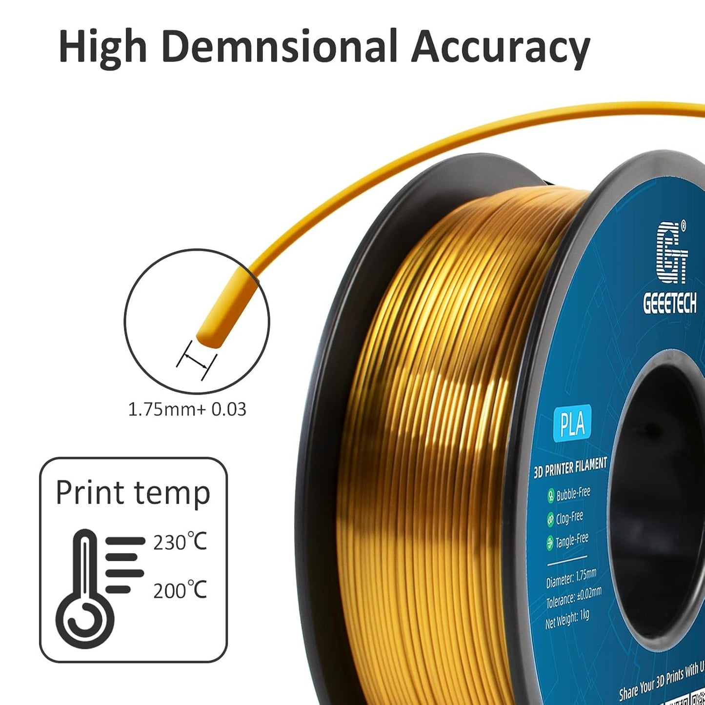 Geeetech Silk PLA Filament 1.75mm for 3D Printer, Metal-Like Shiny Consumables 1kg (2.2lbs) 1 Spool, Dimensional Accuracy +/- 0.02 mm, Metallic Gold Silk Filament