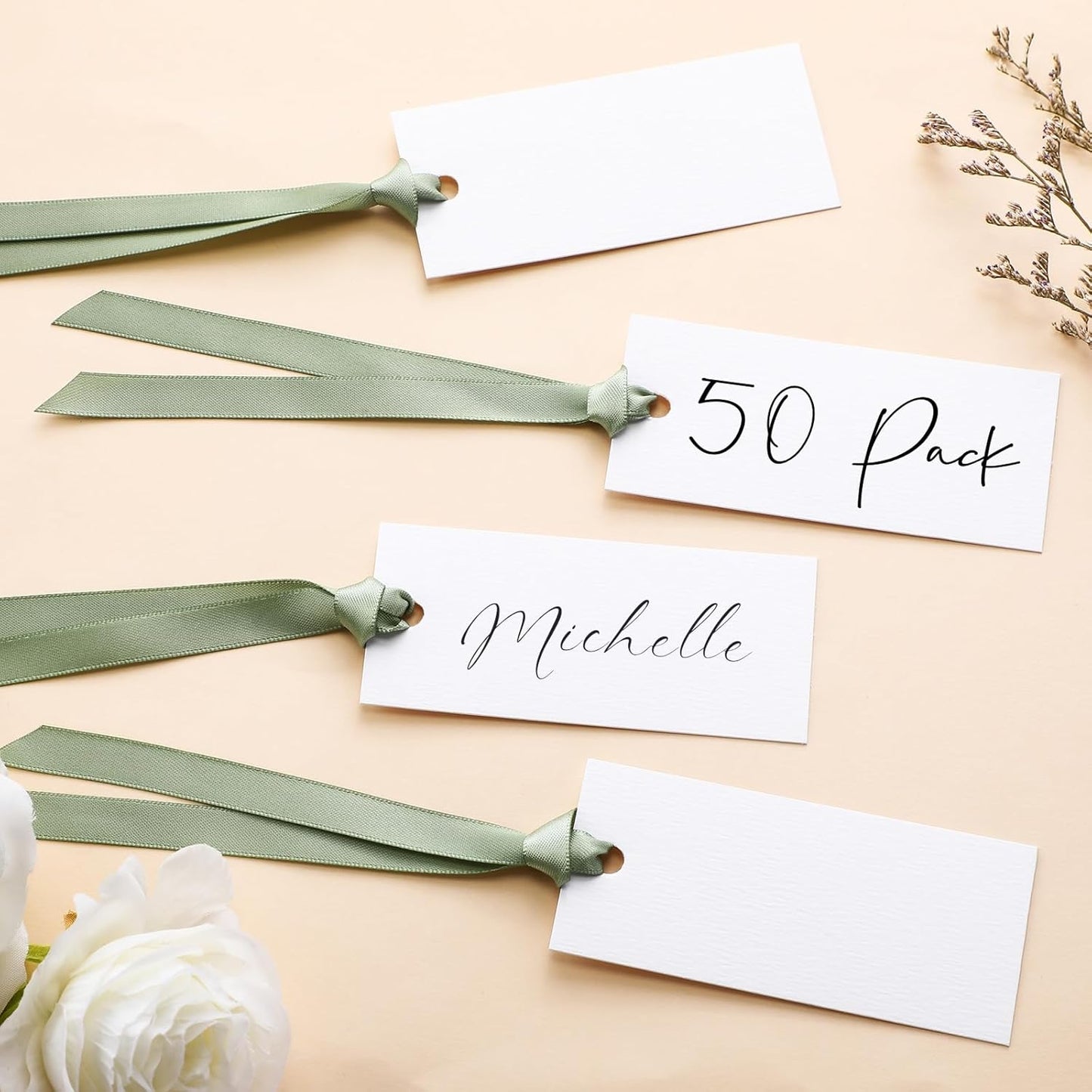 50 Pcs Name Place Cards for Table Setting Blank Wedding Place Cards with Satin Ribbon 1.57 x 3.54 Inch Hanging Gift Tags for Wedding Dinner Banquet Party Table Setting Supplies(Sage Green)