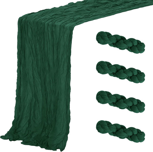 Aktor 4 Pack Emerald Green Table Runner Boho Cheesecloth Table Runner Semi Sheer Gauze Fabric Runners for Wedding Birthday Baby Shower Party Boho Table Decoration（Emerald Green）
