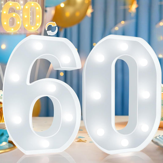 Pooqla 60th Birthday Decoration for Woman Man, Decorative LED Light Up Numbers, Marquee Numbers 60 Sign for Party Backdrop 60th Wedding Anniversary Decor, Warm White and Cool White Number 60
