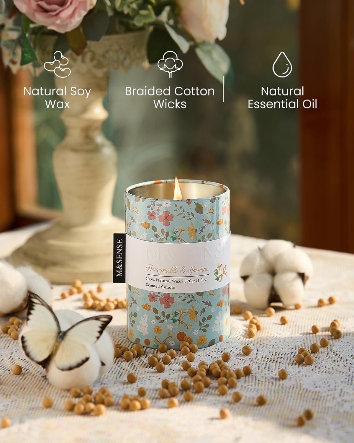 M&SENSE Honeysuckle Jasmine Scented Candle, Medium Jar Candle 11.3oz Natural Soy Wax for Home Scented, Floral Candles Gift for Spring Holiday, Up to 70 Hours Burning Long-Lasting Fragrance