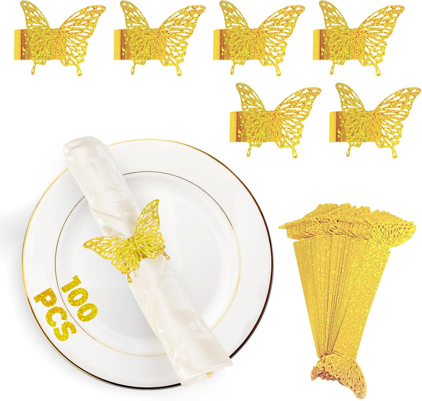 100 Pcs 3D Gold Butterfly Iridescent Napkin Rings Silverware Wraps Bands,Table Setup Sequined Wedding Valentines Day Event Party Supply Settings, Glossy Serviette Buckles Decoration(Gold)