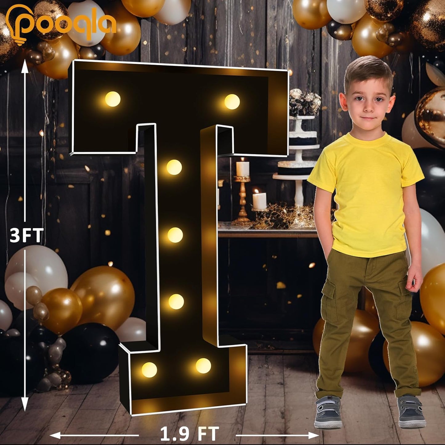 Pooqla 3FT Marquee Light Up Letters, Black LED Party Decor Large Marquee Letters 3 Feet Tall, Giant Mosaic Letter for Birthday Graduation Anniversary Wedding Decoration, Letter T