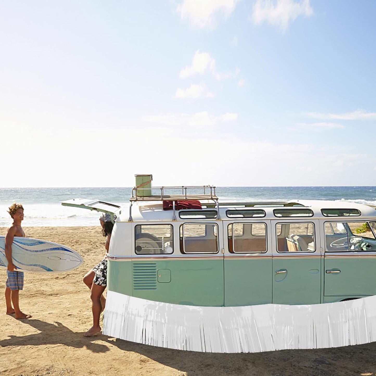 4 Pack Iridescent Float Fringe Curtains, Metallic Foil Fringe Garland Shiny Tassel Foil Parade Float Decorations for Trailer Car Graduation Homecoming Outdoor Indoor Party (White)