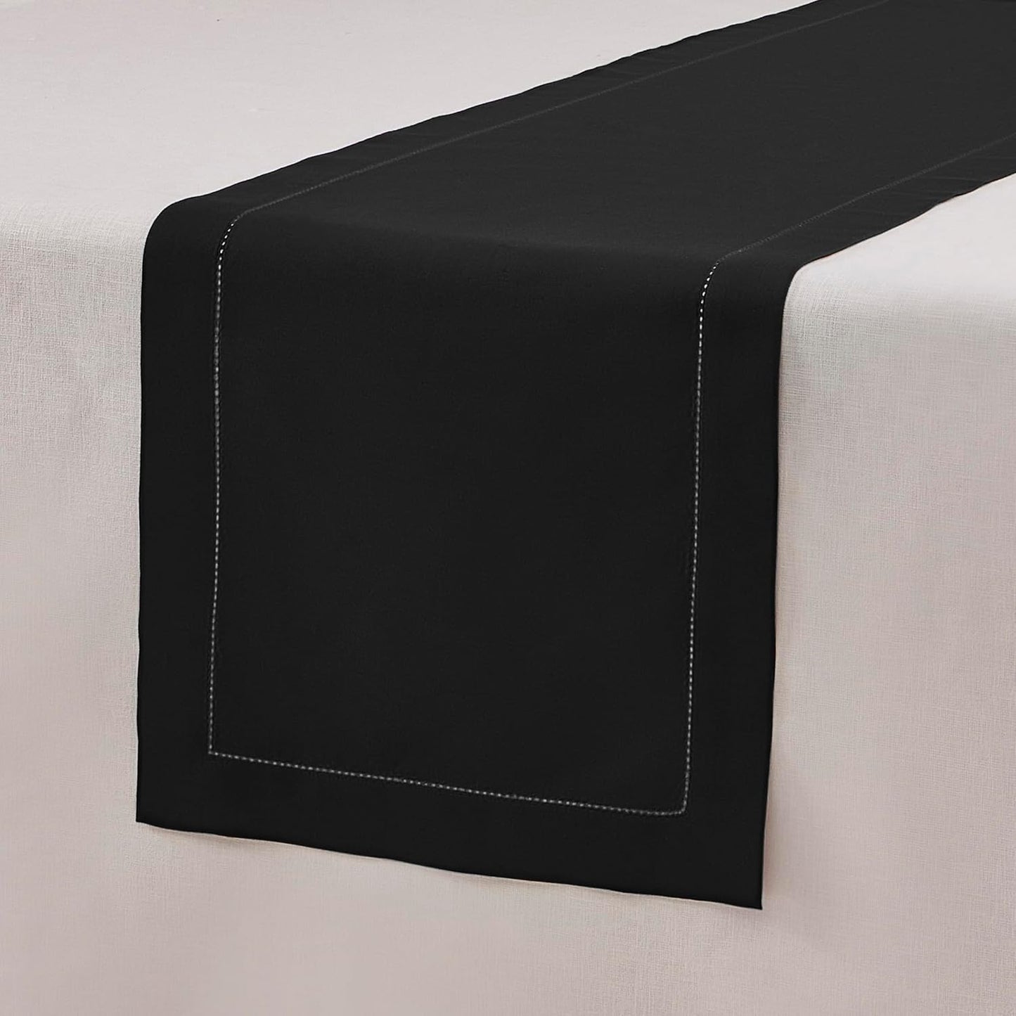 Black Table Runner 72 Inch – Cotton Linen Hemstitch Farmhouse Table Runner 14x72– Washable Fabric for Dining, Fall, Halloween, Thanksgiving, Spring, Summer, Wedding, Everyday Décor – Serena
