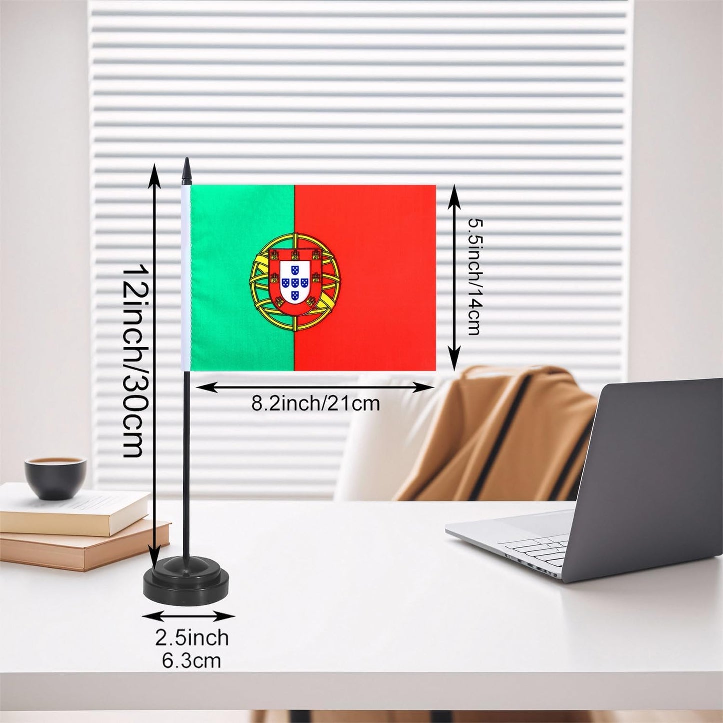 Portugal Desk Flag 12" Solid Pole Deluxe Set Portuguese Flags Banner Mini Small Portugal Office Table Flags with Black Stand Base Desktop Decorations(2Pack)
