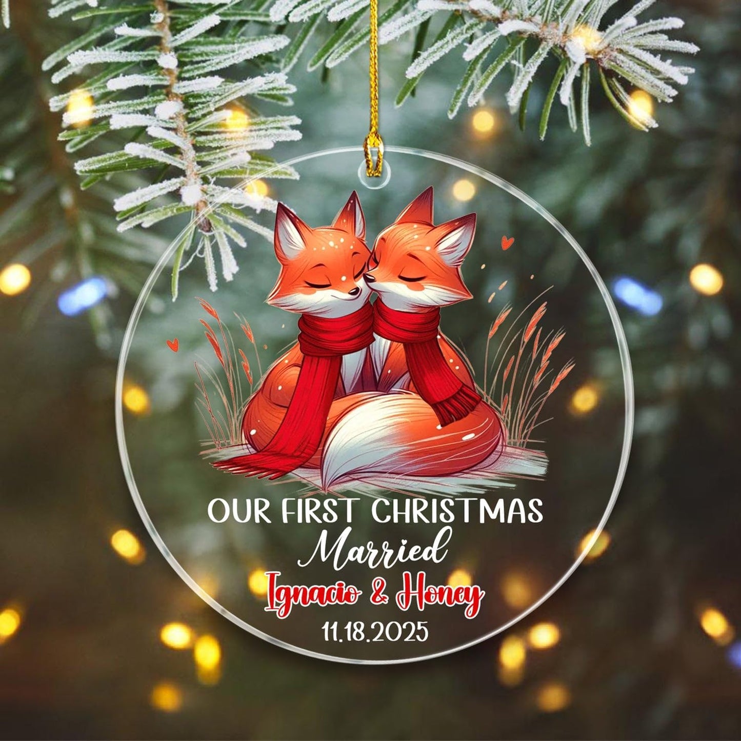 Personalized Date/Name Mr & Mrs Fox Married Christmas Ornament 2025, Our First Christmas Married Fox Ornaments Gift for Marriage, Customized Mr & Mrs Foxes Together Christmas Ornament for Newlyweds